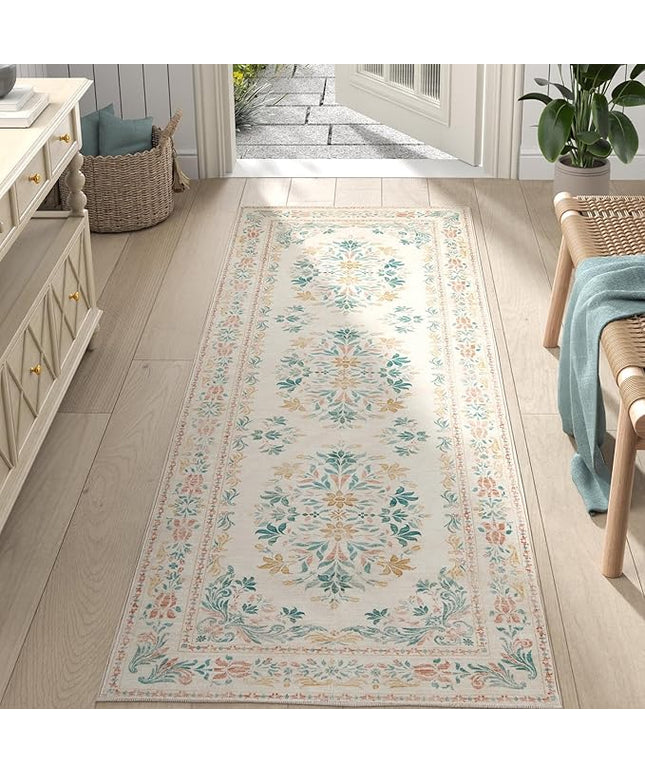jinchan Hallway Runner Rug 2x8 Vintage Floral Distressed Design - Machine Washable Non-Slip Low-Pile Soft Thin Faux Wool Kitchen Carpet for Farmhouse Bedroom Laundry Room(2x8ft, Apricot Multi)