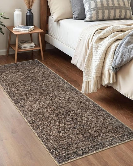 2x5 Washable Rug Rust Reddish Brown Small Area Rug for Entryway, Soft Non-Slip Indoor Door Mat Distressed Floral Low-Pile Kitchen Rugs, Neutral Vintage Carpet for Entrance Bedside Farmhouse