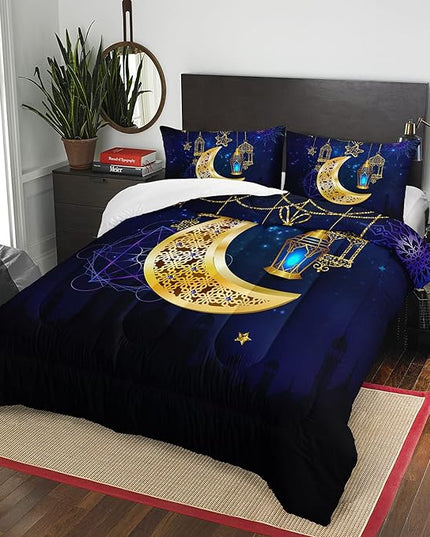 AILONEN Moon Lantern Comforter Set Queen Size, Gold Crescent Star Blue Galaxy Bedding Set,Soft and Lightweight Quilt Set Bedroom Decor All Season 3 Pieces, 1 Comforter and 2 Pillowcases