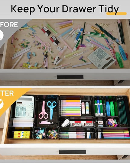 Vtopmart 25 PCS Office Desk Drawer Organizers Set, 4-Size Versatile Plastic Drawer Organizer Trays, Storage Bins for Desk Accessories Office Organizers and Storage, Bathroom, Makeup, Vanity, Black