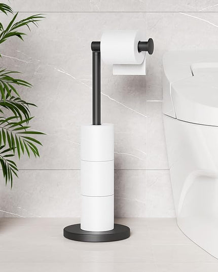 Cesun Toilet Paper Holder Stand Free Standing, Black Toilet Paper Storage with Heavy Weighted Base, Bathroom Stainless Steel Toilet Paper Roll Holder, Non-Slip, Matte Black