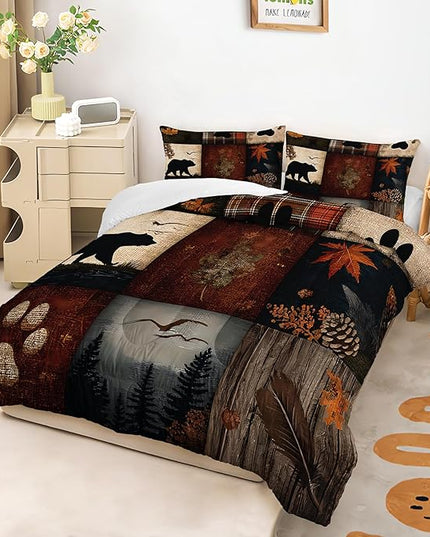 AILONEN Retro Rustic Bear Comforter Set for Bedroom Decor,Vintage Animal Bedding Sets Twin Size,Forest Wildlife Theme Duvet Set,3-Piece, 1 Quilt and 2 Pillowcases,Soft Microfiber