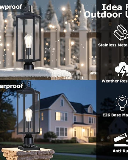 GRUENLICH Outdoor Lamp Post Light Fixtures, Exterior Pole Lantern with Tempered Glass, 20.5 Inch Fence Post Lighting for Garden Yard Pathway, Black, 1 Pack