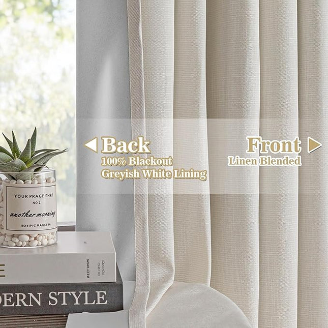 MYSKY HOME Beige Blackout Curtains 102 inches Long Natural Pinch Pleated Curtains for Living Room Bedroom 100% Room Darkening Black Out Window Drapes with Hooks Back Tab, 40" Wide per Panel, 2 Pieces