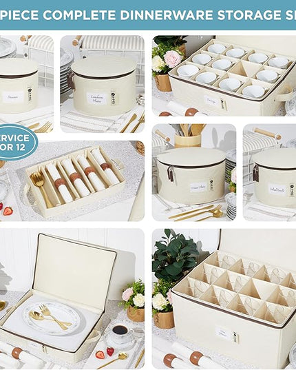 Hard Shell China Storage Containers 8-Piece Set Moving Boxes for Dinnerware, Glasses, Plates, Mugs and Saucers Sturdy Dish Organizer with Dividers for Seasonal Storage - Service for 12 - Beige Quilted