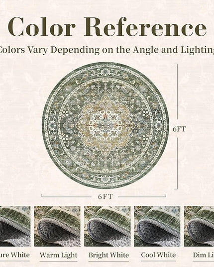 PADOOR-Vintage 6FT Round Rug-Rugs for Living Room-Soft Olive Green Circle Rug-Machine Washable Rugs for Bedroom-Non Slip Carpet-Rug for Dining Room Living Room Bedside Office