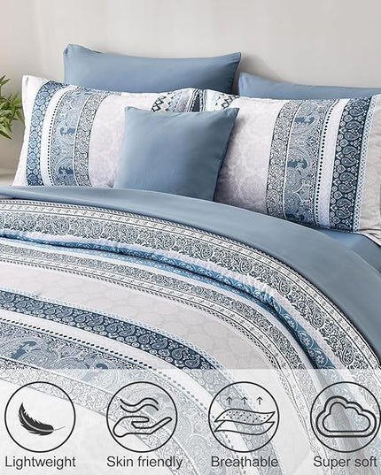 Cottolester Boho Comforter Set Queen Size Light Blue Comforter Set 8 Piece Bed in a Bag Paisley Floral Bedding Sets All Season