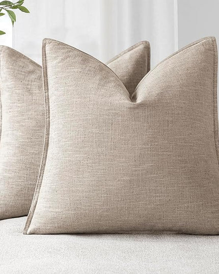 Foindtower Set of 2, Decorative Linen Soild Throw Pillow Covers Soft Accent Cushion Euro Case Boho Farmhouse Pillowcase for Chair Couch Sofa Bedroom Living Room Home Decor 18 x 18 Inch Natural Linen