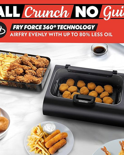 Gourmia Smokeless Indoor Grill & Air Fryer with Recipe Book – Electric Grill for Indoor Use, 5‑in‑1 Countertop Cooker, Cast-Iron Grate, 1650W, Glass Lid, Dishwasher-Safe Plates