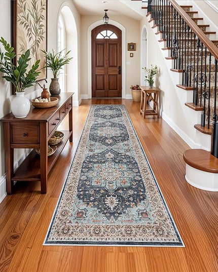 Washable Oriental Hallway Runner Rug - 3x12 Rugs for Living Room Soft Carpet for Bedroom Kitchen Waterproof Floral Distressed Indoor Stain Resistant Non-Shedding Floor Carpets (Blue/Teal/Orange, 3X12)