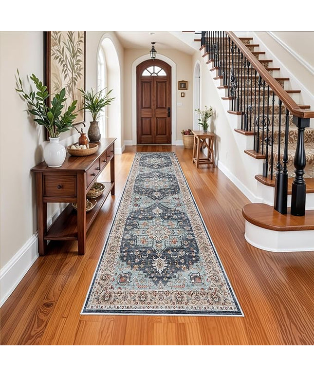 Washable Oriental Hallway Runner Rug - 3x12 Rugs for Living Room Soft Carpet for Bedroom Kitchen Waterproof Floral Distressed Indoor Stain Resistant Non-Shedding Floor Carpets (Blue/Teal/Orange, 3X12)