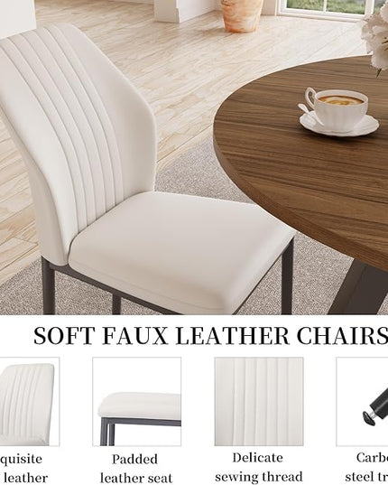 34.6'' Round Dining Table and Chairs for 4 Space Saving for Apartment Kitchen Dining Room (Walnut Table+4 White Chairs)