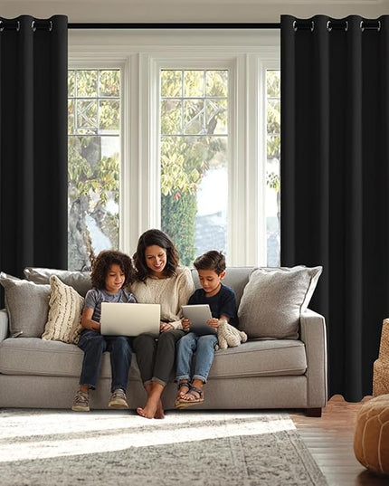 JIUZHEN Black Blackout Curtains with Tiebacks - Thermal Insulated, Light Blocking and Noise Reducing Grommet Curtain Drapes for Bedroom and Living Room, Set of 2 Panels, 38 x 54 Inch Length