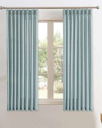 Light Blue Linen Pinch Pleat Curtains 45 Inches Long Pleated Semi Sheer Textured Drapes Hooks Back Tab Coastal Modern Light Filtering Curtain 2 Panels for Living Room Bedroom Office 42x45