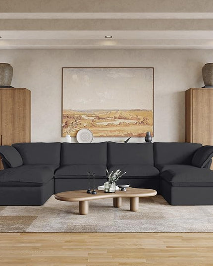 JACH U Shape Sectional Couches for Living Room, 6-Seat Modern Comfy Couch, Convertible Sectional Sofa, Sectional Sofas with Chaise Ottomans for Living Room Bedroom Office Apartment (Black)