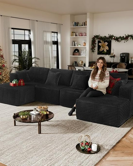 132" U Shaped Boneless Couch, Cloud Sectional Modular Sofa with Double Chaise Lounge, Flannel Cloud Couch with Pillows & Deep Seat, Boneless Sofa for Living Room, Flannel Black