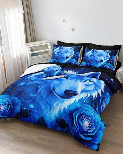 Bedbay Wolf Comforter Set Queen Size Rose Floral Bedding Set Blue Galaxy Sky Wolf Print Queen Bed in a Bag Set Boys Teen Room Decor Wild Animal Bedding Comforter Set with Sheets (Wolf,Queen)