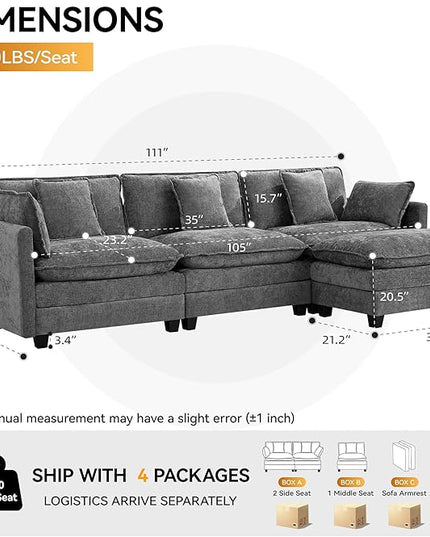 111'' Sectional Cloud Deep Seat Couch, Modern Comfy Chenille L Shaped Sectional Sofa for Living Room Set, Upholstered Modular 4-Seats Sofa Couch with 1 Movable Ottoman, Grey