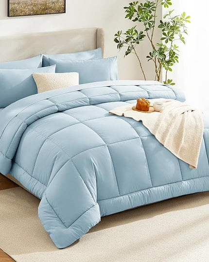 CozyLux Queen Comforter Set Light Blue, 7 Pieces Bed in a Bag, Blue Comforter Queen Size, All Season Bedding Sets with Stitch Quilted Comforter, Flat Sheet, Fitted Sheet, Pillowcases