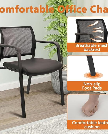 CLATINA Stackable Office Chair, Mesh Back Guest Chairs with Comfortable Leather Seat Arms Stacking Ergonomic Desk Chair No Wheels for Conference Waiting Reception School Stationary, Black, Set of 8