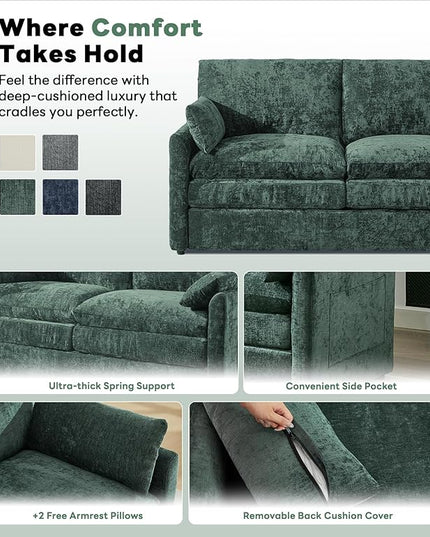 Tbfit Modern Loveseat Couch, 68" Cloud Sofa Spring Seat Cushion, Comfy 2-Seater Love Seat with Pillows, Chenille Removable Cover, Soft Upholstered Living Room Furniture Home Apartment, Green