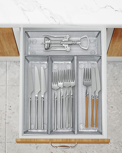 Neudeco Silverware Organizer,Mesh Drawer Organizer for Kitchen，Metal Utensil Organizer for Flatware, Knives, Spoons,Cosmetic (Silver 9 * 3 * 2 inch Pack6)