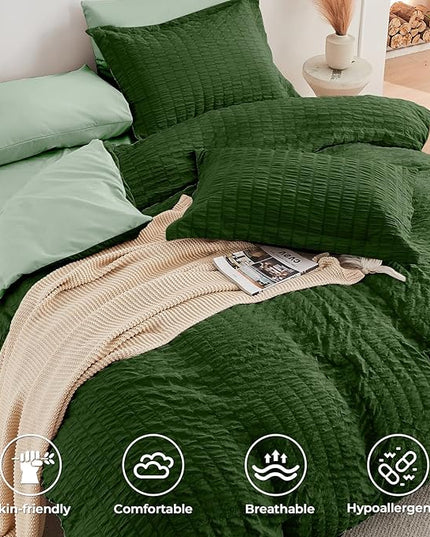 HYMOKEGE Dark Green/Sage Green California King Comforter Set Seersucker 7 Pieces, All Season Luxury Bed in a Bag for Bedroom, Bedding Set with Comforter, Sheets, Pillowcases & Shams