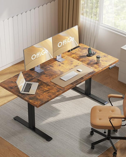 OffiGo Electric Standing Desk with 3-Piece Board, 71 Inch Height Adjustable Large Desk with Power Outlets, Sit Stand Table, Writing Computer Desk for Home, Office, Workstation, Rustic Brown