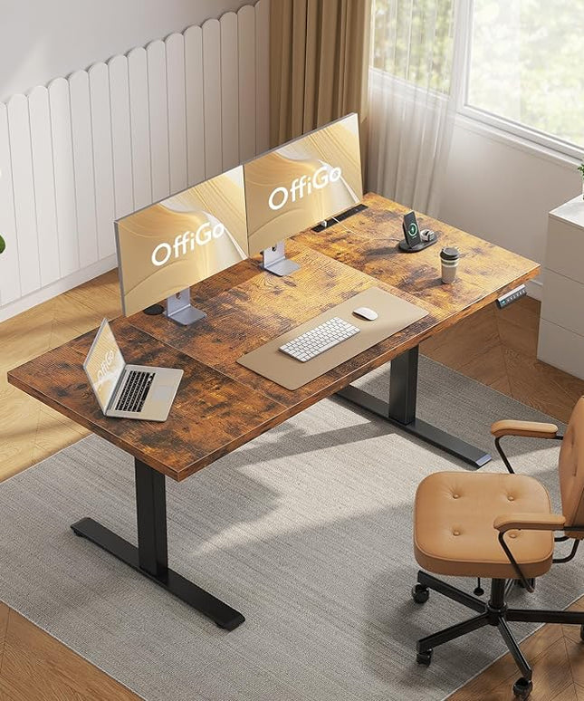 OffiGo Electric Standing Desk with 3-Piece Board, 71 Inch Height Adjustable Large Desk with Power Outlets, Sit Stand Table, Writing Computer Desk for Home, Office, Workstation, Rustic Brown