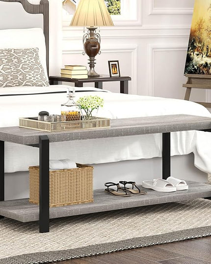 FOLUBAN Entryway Bench, Vintage Wood and Metal Shoe Bench for Hallway Front Door Entrance, Farmhouse Indoor Shoe Storage Bench Seat for Bedroom, Living Room, Light Grey, 47 Inch