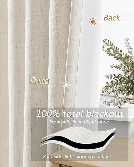 Guken 100% Blackout Cream Linen Curtains 40 Inch Wide by 90 Inch 2 Panels Set for Living Room Bedroom Back Tab Thermal Insulated Black Out Linen Drapes Room Darkening Window Curtains, Cream