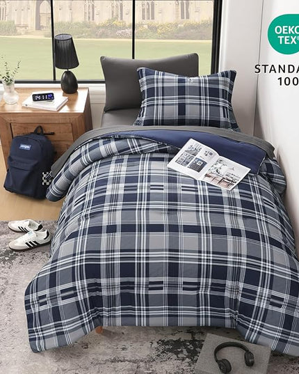 MaiRêve Navy Blue Twin XL Comforter Set, Twin XL Bedding Sets for Boys Girls 5 Pieces for Dorm Farmhouse All Season Lightweight &Comfy with Fitted Sheet, Flat Sheet (Navy Blue, Twin XL, 66"x90")