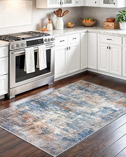 IOHOUZE Abstract Area Rug 3x5 Ft Washable Rugs for Entryway Indoor, Non Slip Kitchen Rug Printed Faux Wool Throw Rugs, Indoor Door Mat for Door Entrance Foyer Living Room, Blue Rust