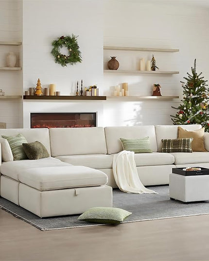 CHITA Oversized Modular Sectional Fabric Sofa Set, FSC Certified Extra Large U Shaped Couch Reversible Chaise Modular Sectional Couch, 146 inch Width, 6 Seat Modular Sofa with Storage Ottomans, Linen