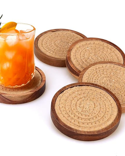 5 Pcs Best Absorbent Wooden Coasters Set - 4 Inches Brown Woven Coaster Modern Acacia Wood Coasters for Drinks, Coffee Table Decor, Farmhouse, Bar, Office, Beer, Kitchen, Dining Room, Outdoor, Desk