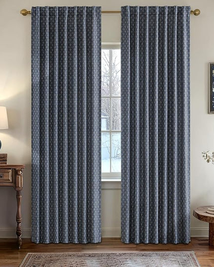 MIULEE Decorative Back Tab Linen Curtains with Geometric Pattern for Living Room Bedroom Farmhouse Rustic Thick Woven Textured Patterned Mudcloth Drapes 72 Inches Long 2 Panels Set, Blue