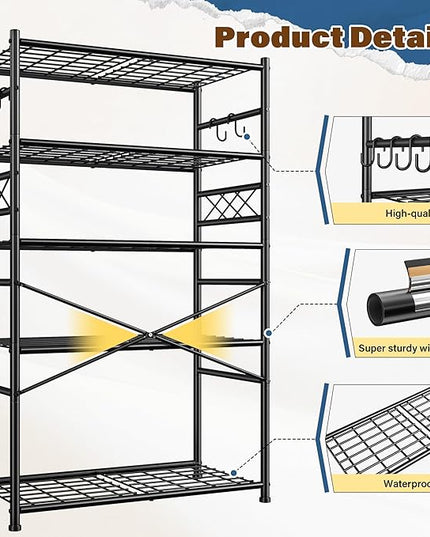 Storage Shelves 5-Tier Large Capacity Metal Shelving with Hooks, Heavy Duty Garage Shelving Unit with Leveling Feet, Stable Metal Shelves for Pantry, Kitchen and Closet, 72" H x 36" W x 12" D, Black