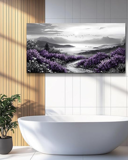 KELIYUAN Black And White Home Decoration Canvas Wall Art For Restaurant Natural Landscape Painting Printing Landscape Purple Grass Picture Suitable For Living Room Bedroom Office Wall Decor 20x40In