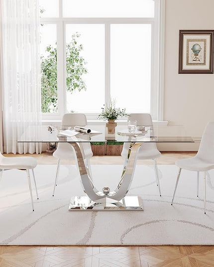 70'' Glass Dining Table for 6 or 8, 0.39" Tempered Glass Tabletop and Silver U Stainless Steel Base, Large Dining Room Table for 6, Home Kitchen Table for Dining Room, Modern Dining Table for 8