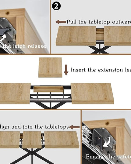 Extendable Dining Room Table for 4 6 8, 55"-70.9" Kitchen Table Rectangle Wood, Expandable Dining Table with Hidden Storage, Space Saving Farmhouse Kitchen Table for Kitchen Dining Living Room
