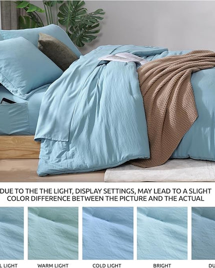WRENSONG Full Size Comforter Sets- 7 Pieces Soft Blue Bed in a Bag with Fitted Sheet, Flat Sheet, 2 Pillow Shams, 2 Pillowcases, Warm Bedding Sets for All Season