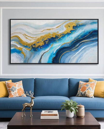 Abstract Canvas Blue Wall Art for Living Room - Modern Gold Wall Art, Office Wall Decor, Above Bed Wall Decor, Large Pictures for Bedroom Framed Artwork for Walls 20×40IN