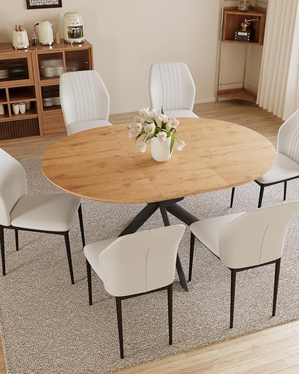 43.2"-59.1" Extendable Round Dining Table Set, Kitchen Table for 4-6 Person with Scratch-Resistant Thickened MDF Board, Oak Coffee Table w/Metal Legs