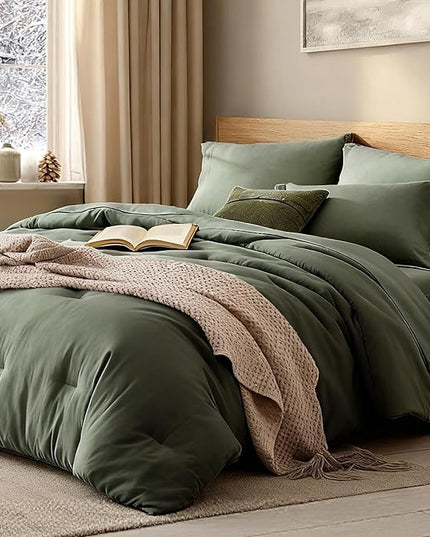 WRENSONGE Full Size Comforter Sets, 7 Pieces Olive Green Bed in a Bag with Fitted Sheet, Flat Sheet, 2 Pillow Shams, 2 Pillowcases, Warm Bedding Sets for All Season
