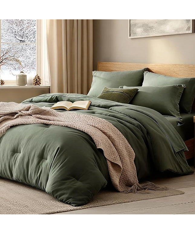 WRENSONGE Full Size Comforter Sets, 7 Pieces Olive Green Bed in a Bag with Fitted Sheet, Flat Sheet, 2 Pillow Shams, 2 Pillowcases, Warm Bedding Sets for All Season