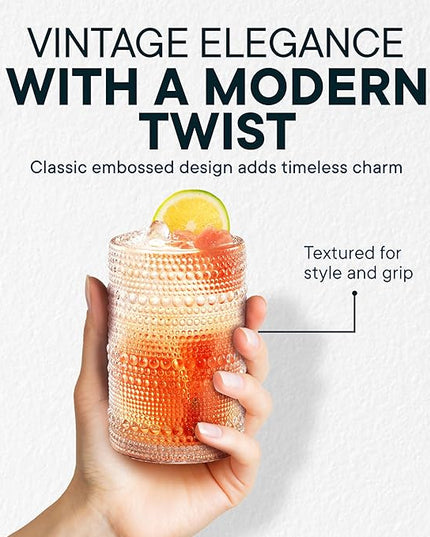 15 OZ Hobnail Drinking Set of 12 – Vintage Embossed Glassware, Textured Tumblers for Water, Beer, Cocktails, Mocktails, Whiskey & More – Includes Straws and Coasters – Clear