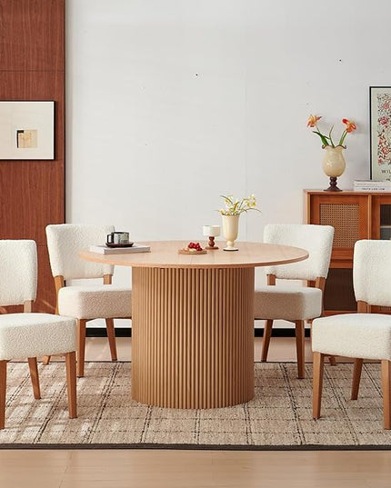 47 Inch Round Dining Table Set for 4, Modern Mid Century Circle Kitchen Dinner Wood Table with 4 Upholstered Stackable Dining Room Chairs for Living Room Apartment, Oak & White