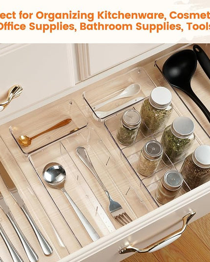 Criusia Drawer Organizer - 18 Pack Clear Large Kitchen Drawer Organization Trays, Non-Slip Dividers for Makeup, Jewelry, Utensils, Office, Bedroom, Bathroom