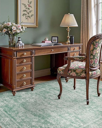 jinchan 4x6 Green Area Rugs for Living Room – Machine Washable Vintage Floral Soft Stain Resistant Low Pile Rug, Non Slip Ultra-Thin Carpet for Bedroom Dining Room Home Office Nursery (4'x6', Lvory)