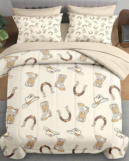 Comforter Set Twin Size, Vintage Cowgirl Cowboy 5 Pcs Bedding for Kids and Adults, Retro Western Horseshoe Bed Sheet Sets with Fitted Sheet Pillowcase & Sham
